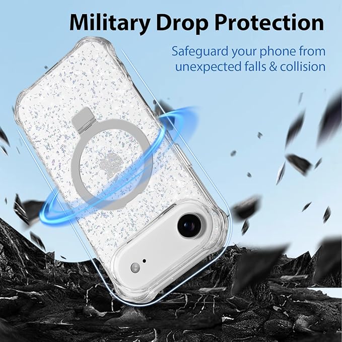Magnetic for iPhone Air Case with Invisible Stand, Compatible with MagSafe, Clear Bling Sparkle Shockproof Slim Anti-Slip Military Drop Protection Hard Phone Case 6.5" Glitter Silver