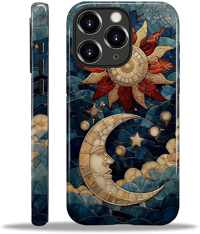 Case for iPhone 11 Pro Max Case,Sun Moon Stars Faux Stained Glass Design Hybrid Dual Protection Silicone + Hard PC Shockproof Full Body Cover,Slim Anti-Scratch Protective for Men Women