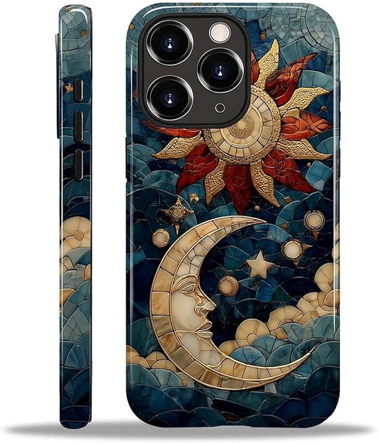 Case for iPhone 11 Pro Max Case,Sun Moon Stars Faux Stained Glass Design Hybrid Dual Protection Silicone + Hard PC Shockproof Full Body Cover,Slim Anti-Scratch Protective for Men Women