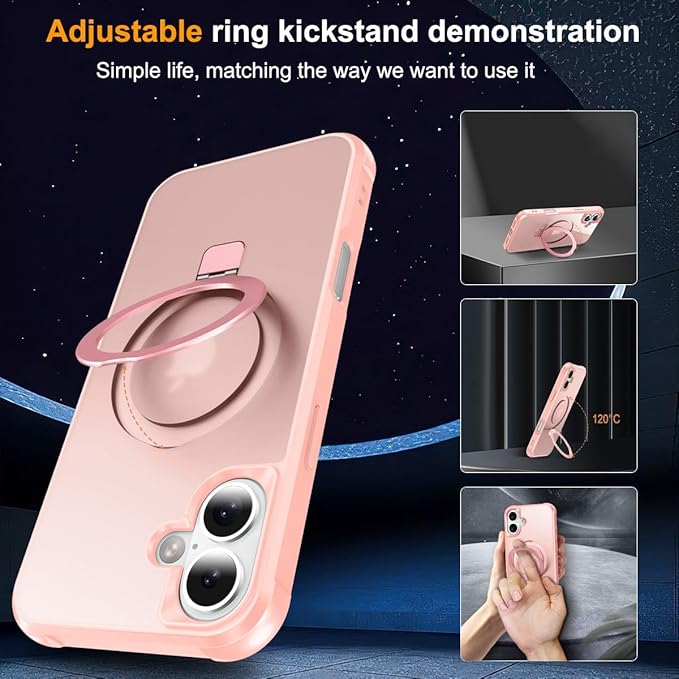 Magnetic Compatible with iPhone 16 Plus Case with Stand [Military Grade Drop Tested][Compatible with Magnet] Ring Translucent Slim Hard Back Soft Edge, Pink