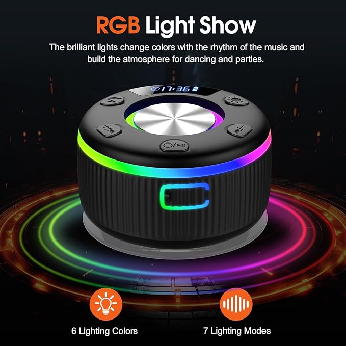 Bluetooth Shower Speaker, Portable Bluetooth 5.3 Speakers Wireless with Time Display, IP7 Waterproof Speakers with RGB Light, Suction Cup, Mini Stereo Speaker for Bathroom Party Beach Outdoor Gifts