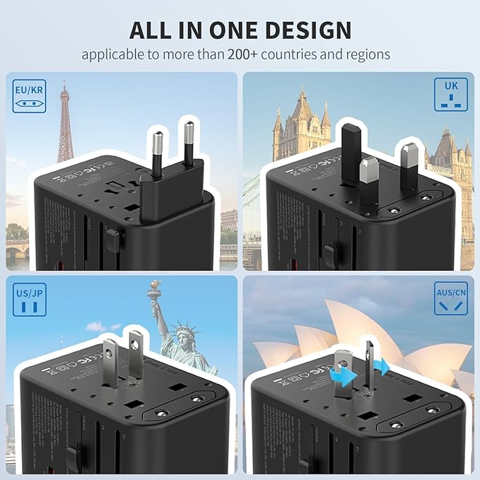 EPICKA Universal Travel Adapter, GaN International Plug Adapter with 3 USB-C 70W PD Fast Charging & 2 USB-A Adaptor All-in-one Wall Charger for USA EU UK AUS (TA-105 Pro, Black)