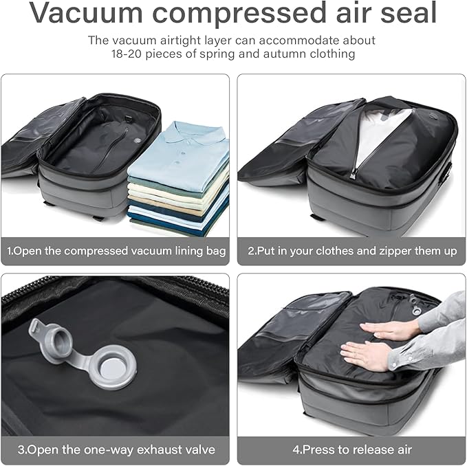 Travel Backpack with Vacuum System,60L Expandable Vacuum Backpack Travel with TSA Lock,17.3 inch Laptop Backpacks Vacpack Backpacks with Vacuum(Grey,No Air Pump)