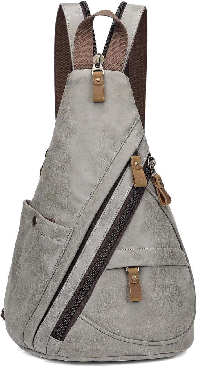 KL928 PU Leather Sling Bag - Small Crossbody Backpack Shoulder Casual Daypack Rucksack for Men Women Outdoor Cycling Hiking Travel (6881-PU-Leaden)