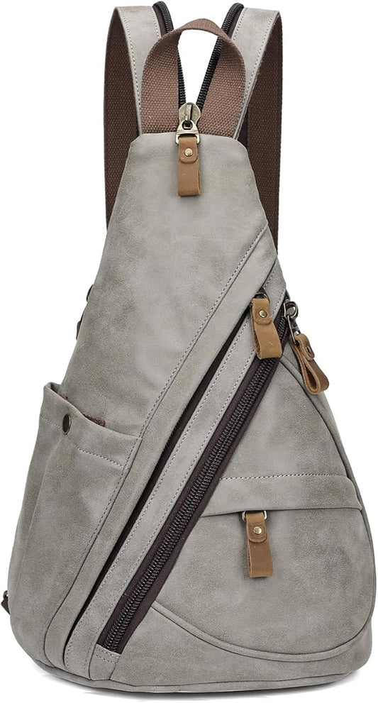KL928 PU Leather Sling Bag - Small Crossbody Backpack Shoulder Casual Daypack Rucksack for Men Women Outdoor Cycling Hiking Travel (6881-PU-Leaden)