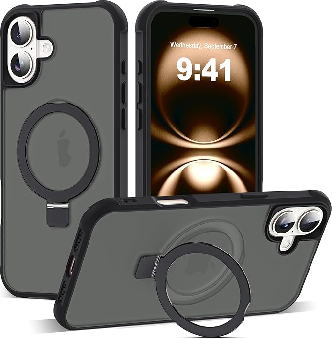 Compatible with iPhone 16 Plus Case with Invisible Magnetic O-Ring Stand Military-Grade Translucent Case for iPhone 16 Plus 6.7" [Compatible with Mag-Safe][Great Grip Feeling], Black