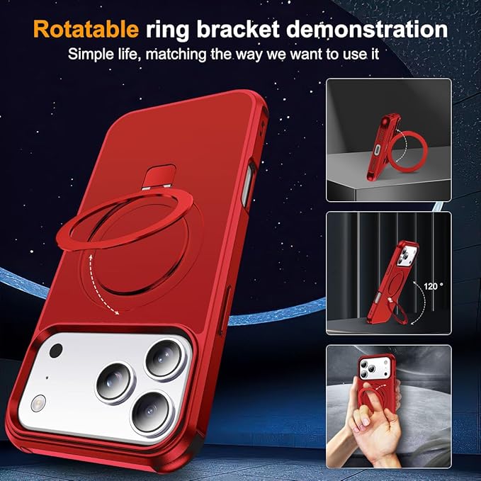 Compatible with iPhone 17 Pro Max Case with Invisible Magnetic O-Ring Stand Military-Grade Phone Case for iPhone 17 ProMax 6.9" [Compatible with Mag-Safe][Great Grip Feeling], Red