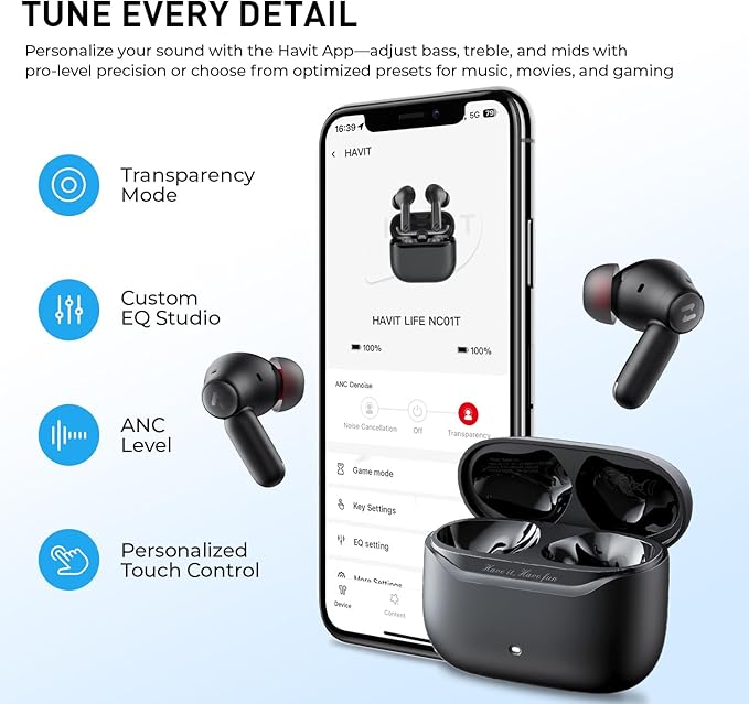 havit Hybrid Active Noise Cancelling Wireless Earbuds, Bluetooth 6.0 in-Ear Headphones, 6 Mics ENC Clear Call Ear Buds, 30+H Playtime, 3D Spatial Audio, Custom EQ via App, IPX5 Waterproof