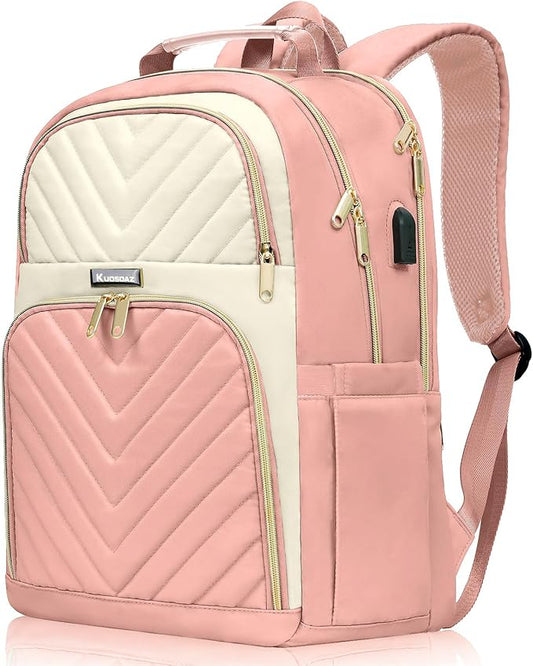 Backpack for Women, School Backpacks for Teen Girls, Stylish Cute Laptop Backpack, Teacher Student College Bookbags with USB Charging Port, Beige & Pink