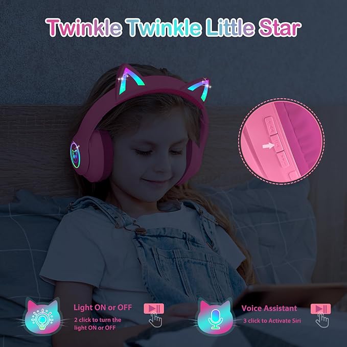 LOBKIN Bluetooth 5.4 Kids Headphones with Case - RGB LED Light Up Cat Ears Foldable Adjustable Over Ear Headphone Support Wireless or 3.5mm Wired Mode for Toddler & Girls & Boys Teens