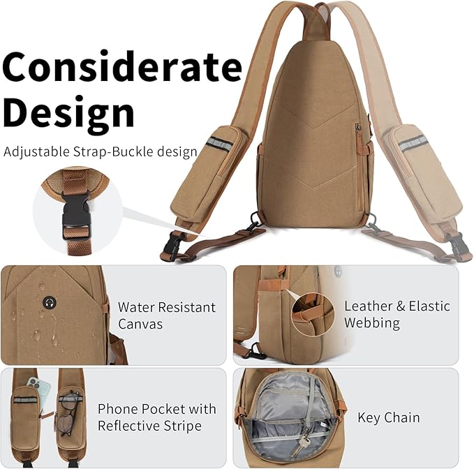 Sling Bag for Men, Large Crossbody Bag Men with Anti Theft Tunnel Lock Zipper Canvas Sling Backpack for Travel Hiking
