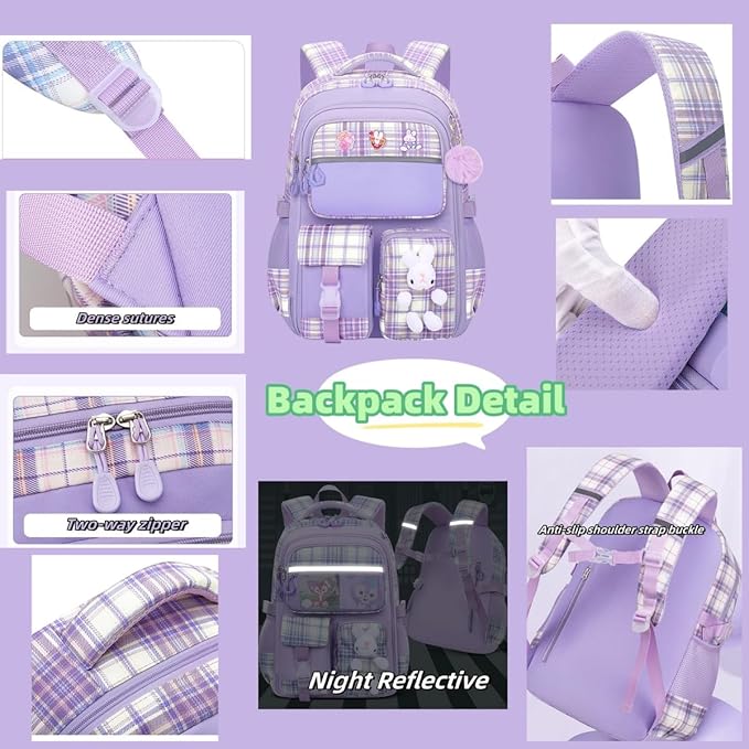 Girl Backpack for School Kids, Pink Cute Bookbag with Lunch Box Rainbow Elementary School Bag Pencil Case (Pink,3Pcs Set)