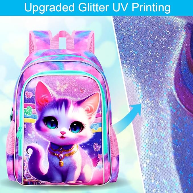 3Pcs Cat Backpack for School, 16" Girls Bookbag with Lunch Box, Kids Backpacks Set for Elementary Preschool Kindergarten(Pink)