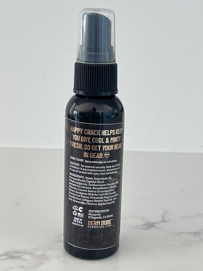 Derm Dude Happy Crack Refresh & Cool Butt Spray | Minty Fresh Scent | Deodorant & Odor Eliminator with Soothing Witch Hazel & All-Natural DeoPlex for Odor Control | 2 oz (1 Pack)