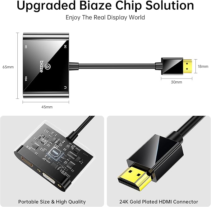 HDMI to VGA and HDMI Adapter, Dual Output 1080P Video Converter with Audio, USB-Powered HDMI Splitter for Laptop, TV Box, Projector, Monitor