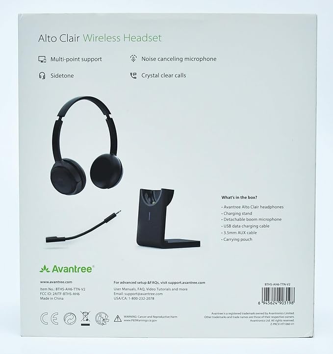 Avantree Alto Clair aptX HD Bluetooth Headset with Microphone, Mute Function, Clear Talking, Hi-Fi Music, Low Latency, Wireless Headphones with Charging Base for Computer, PC, Laptop, Skype, TV
