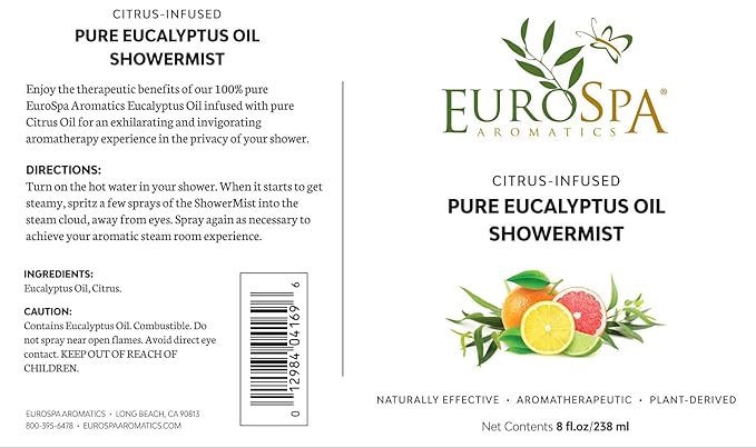 EuroSpa Aromatics Pure Eucalyptus Oil ShowerMist and Steam Room Spray, All-Natural Premium Aromatherapy Essential Oils - Citrus Infused, 2oz