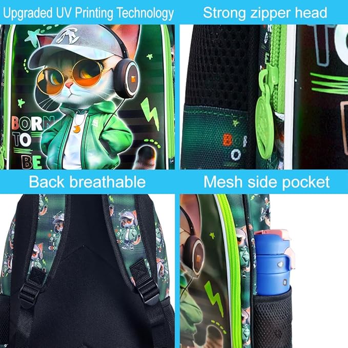 CCJPX 16" Cat Backpack for Boys, 3PCS Kids Water Resistant Preschool Bookbags, Cool Kindergarten School Backpacks and Lunch Box