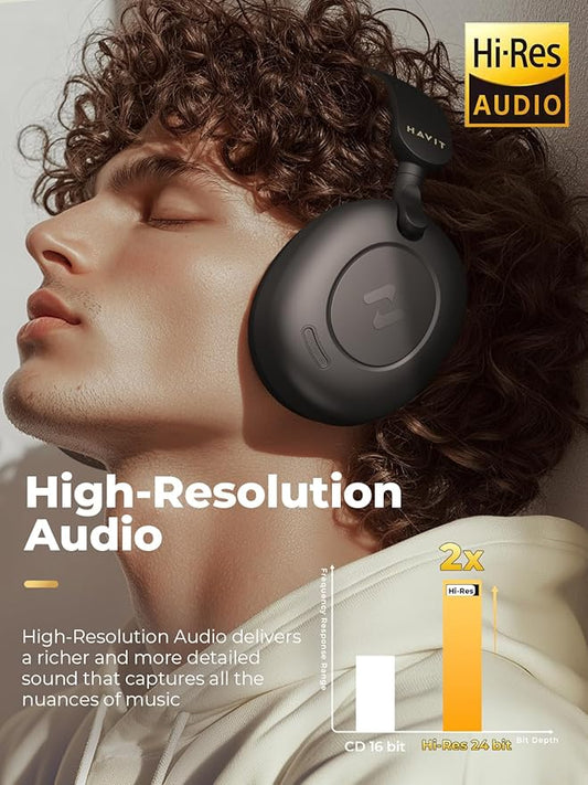 havit H655BT Hybrid Active Noise Cancelling Headphones for Airplane Travel, Wireless Over Ear Bluetooth Headphones, 76H Playtime, Hi-Res Audio, Super Bass via App, 5 Mic for Noise Cancelling