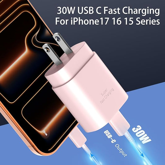 Phone 17 16 15 Charger Fast Charging,30W USB C Phone 17 16 15 Pro Max Charger Block &10FT Long Type C Cable Cord for i.Phone 17/17 Air/17 Pro/17 Pro Max/16/16 Plus/16 Pro/16 Pro Max/15/15 Pro Max,Pink
