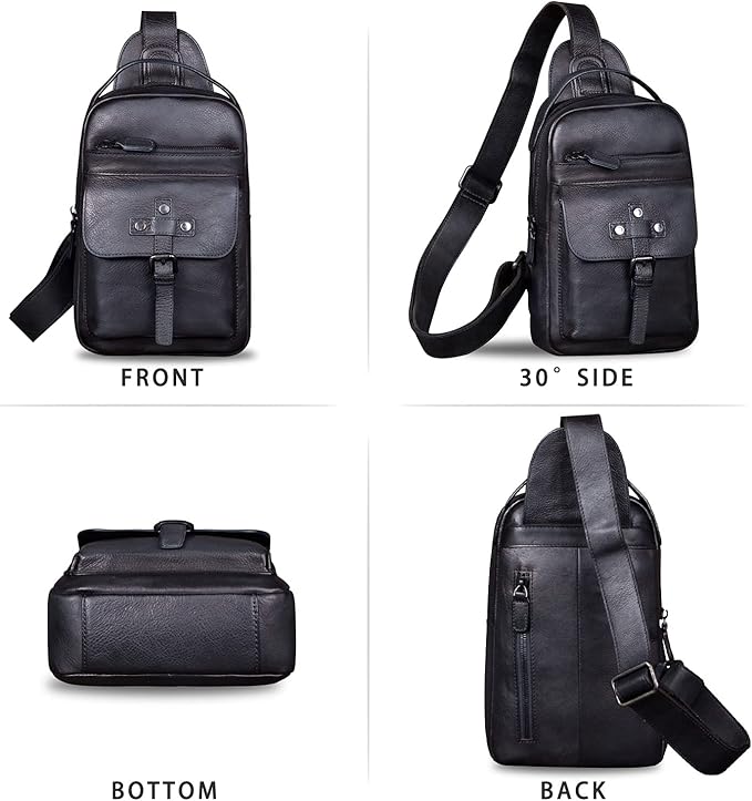 IVTG Genuine Leather Sling Bag Chest Shoulder Fanny Bag Hiking Backpack Vintage Handmade Crossbody Daypack