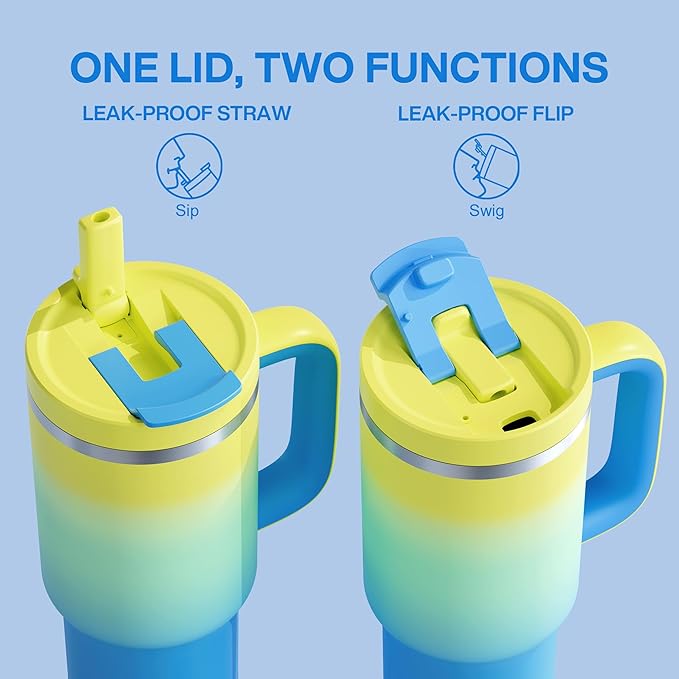 40 oz Tumbler with Handle and Straw: Stainless Steel Insulated Tumbler Keeps Cold for 24 Hours, Leakproof Travel Cup Fits in Cup Holder and BPA-Free, Soft Lagoon