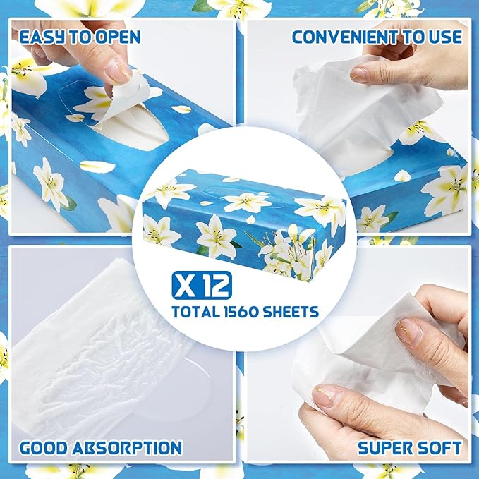 Yinder 12 Packs Facial Tissue Box 1560 Sheets Soft Facial Tissue Box for Fall Halloween Christmas 2 Ply 130 Sheets Disposable Travel Tissues Bulk for Car Household Kitchen(Beautiful Lily)