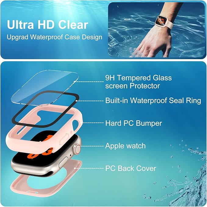 3 in 1 Waterproof Case for Apple Watch Screen Protector 44mm Series 4/5/6/SE/SE2/SE3(2025),with Tempered Glass 360° Protective Front and Back PC Bumper Cover Compatible iWatch 44mm