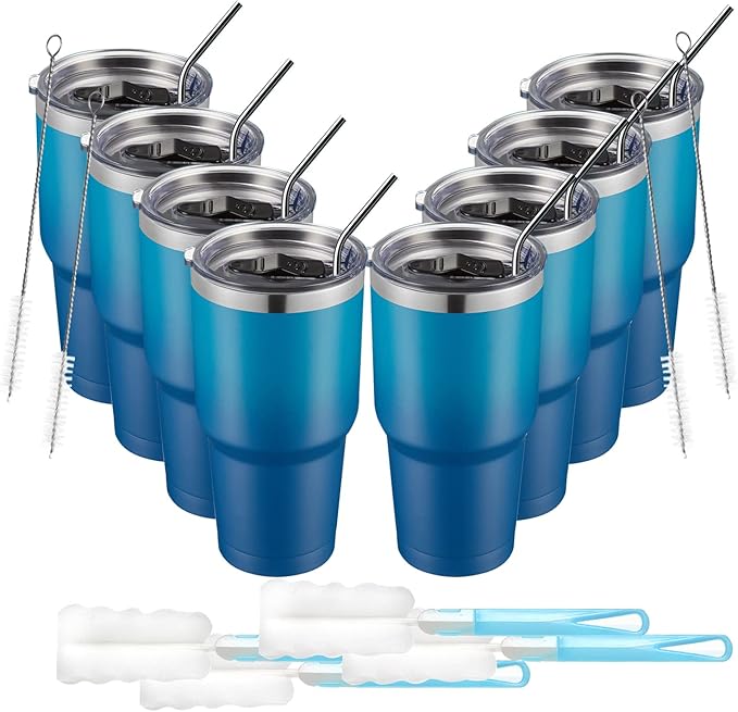 COMOOO 30oz Stainless Steel Tumbler Bulk with Lid and Straw Insulated Tumbler Coffee Cup Durable Double Wall Vacuum Travel Coffee Mug Thermal for Hot and Cold Drinks Dark Night, 8 Pack