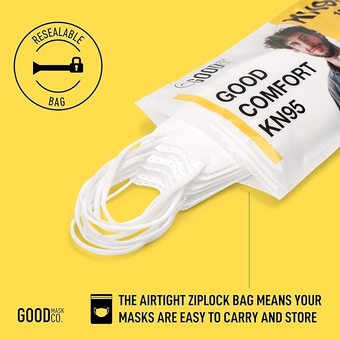 Good Mask Co. Good Comfort KN95, Disposable KN95, Folding, Comfortable, Bulk Face Masks (25 Pack of Masks, White)