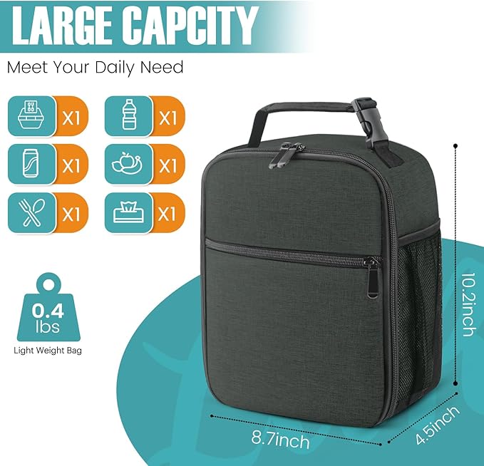 Lunch Bag for Men/Women, Reusable Lunchbox for Adult, Small Insulated Lunch box, Lunch Tote Bag for Office, Work, Picnic - Black