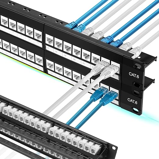 Rapink 48 Port Cat6 Patch Panel with White Inline Keystone, 10G Support, Pass-Thru Coupler, 1U Network Patch Panel for Cat6, Cat5e, Cat5 Cabling