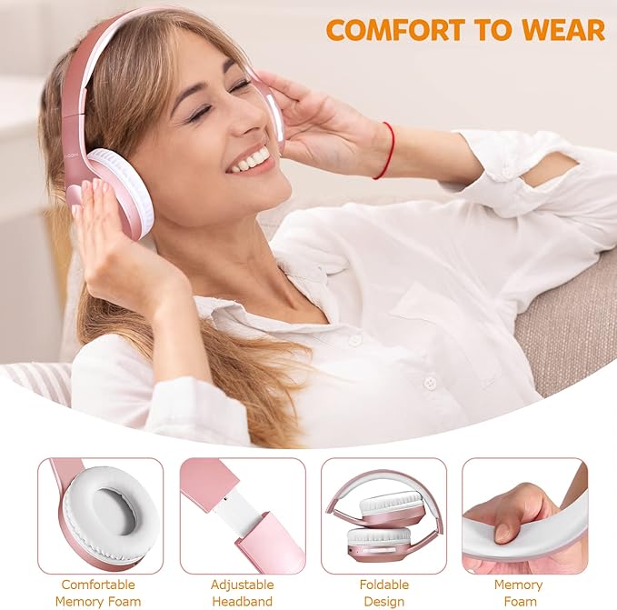Bluetooth Headphones Over Ear, 68H Playtime 3 EQ Music Modes Wireless Headphones with Microphone/Deep Bass, HiFi Stereo Foldable Headset for PC Home Travel Office (Rose Gold)
