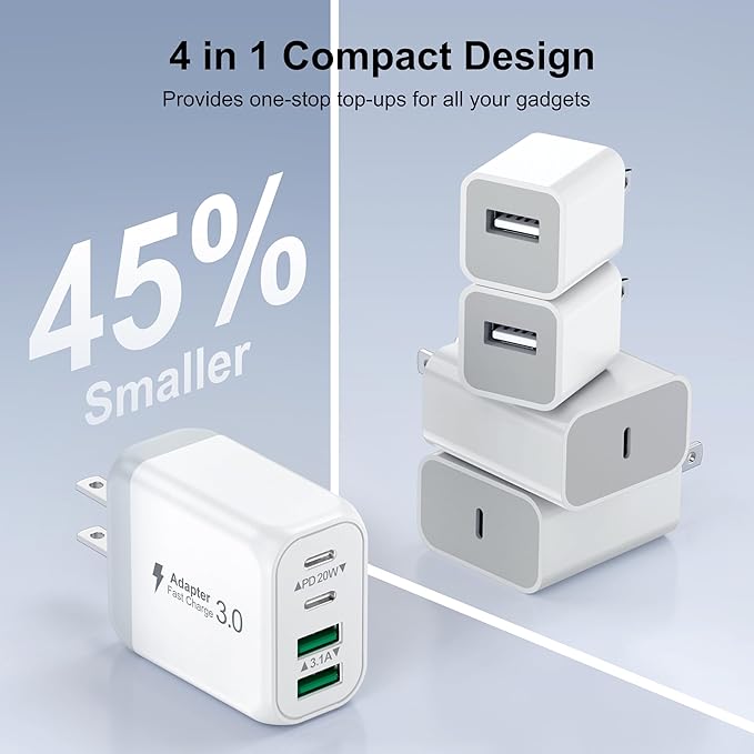 3 Pack USB Wall Charger,Fast USB C Charger Block 4 Port PD Power Adapter,QC Wall Plug Multiport Type C Charging Cube for iPhone 16 15 Plus 14 Pro Max 14 Pro 13 12 11, AirPods4，watch10 ultra2