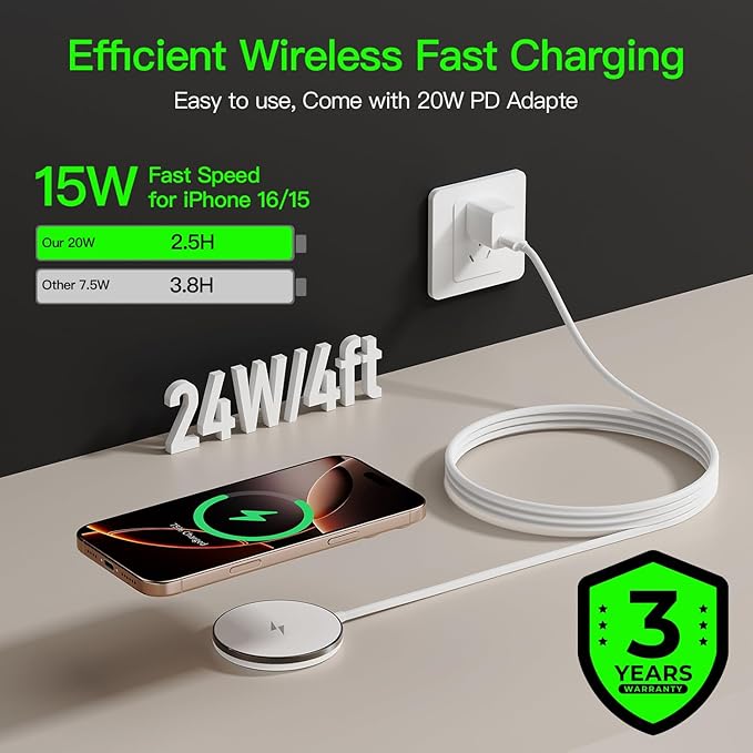 2025 Apple 15W Mag-Safe Charger （2 Pack） 4FT Magnetic Wireless Charger with 20W Fast Charging Block Compatible with iPhone17/16/15/14/13/12 Series & AirPods 4/3/2/Pro/for iPhone Wireless Charger Stand