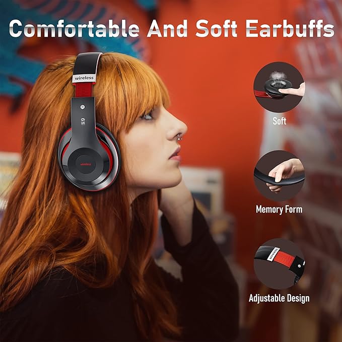 Bluetooth Headphones Over Ear, 6S Foldable Wireless Headphones with 6 EQ Modes, 40 Hours Playtime HiFi Stereo Headset with Mic, Soft Ear Pads, TF/FM for Cellphone/PC/Home (Red)