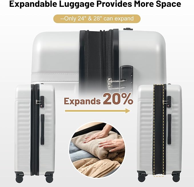 Merax Luggage Sets Front Opening, 2 Piece Hardshell Suitcase with Spinner Wheels and Bags,Lightweight Carry on Luggage with USB Port,20+24,White Grey