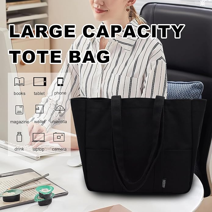 TeeYee Women's 20L Canvas Tote Bag Reusable Multi-Pocket Organizer for Travel Work Gym Shopping Large Shoulder Bag