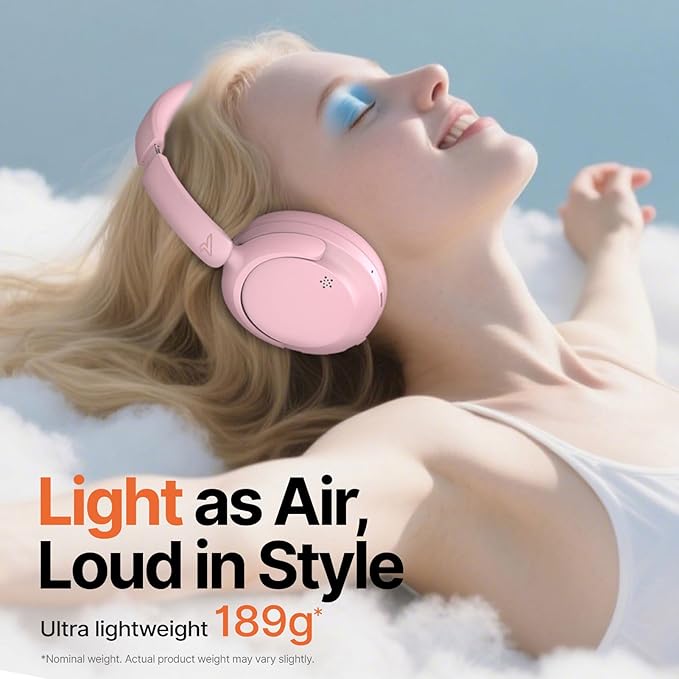 VOKALEN Hyper GO Wireless Over-Ear Noise Cancelling Headphones with Mic, 60H Playtime, Bluetooth Headset, Multi-Device Pairing, Ultra-Lightweight for Travel, Work, Study (Pink)