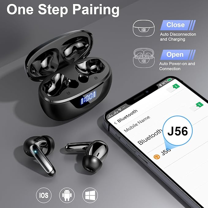 Wireless Earbuds, Bluetooth 5.4 Headphones, ENC Noise Cancelling Mic Ear buds with Stereo Bass, 48H Playtime Earphones , LED Display, IP7 Waterproof In Ear EarBuds for Phone Android iOS Sports, Black