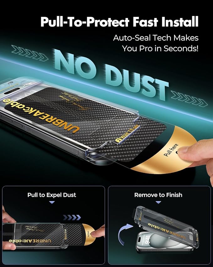 UNBREAKcable 3-Pack Screen Protector for iPhone 15 Plus Tempered Glass - [One-Pull Perfection] [Auto Dust-Elimination] [9H+ Hardness] [99.99% HD Clear] Full Coverage for iPhone 6.7 inch