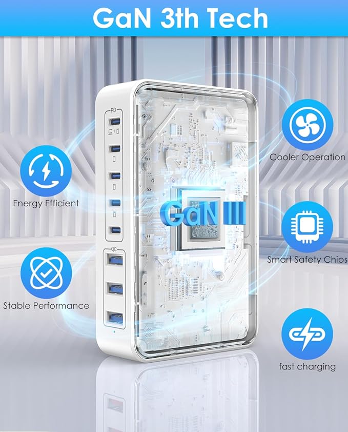 USB C Charger Block Charging Station - 300W Fast GaN 8-Port Multiple USB Charging Hub, Upgraded PD 100W Laptop Charger Compatible with MacBook Pro/Air, iPad, iPhone 16/15/14, Galaxy S23/22, 5ft Cord