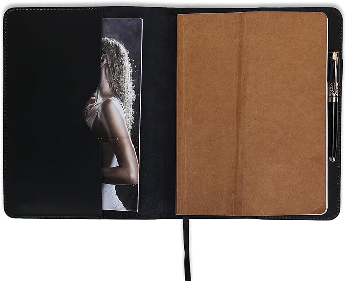 Black Leather Journal Cover XL 7.5" x 10" - Stylish & Refillable Protective Cover for Journal, Personal Planner Composition Notrbook Cover, Handmade Writing Accessory, Travelers Diary Cover
