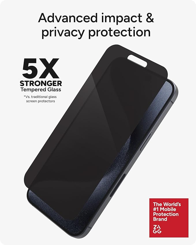 ZAGG Glass Elite Privacy iPhone 15 Pro Max Screen Protector - 5X Stronger with Reinforced Edges, 2-Way Privacy Filter, Scratch & Smudge-Resistant Surface, InvisibleShield, Easy to Install