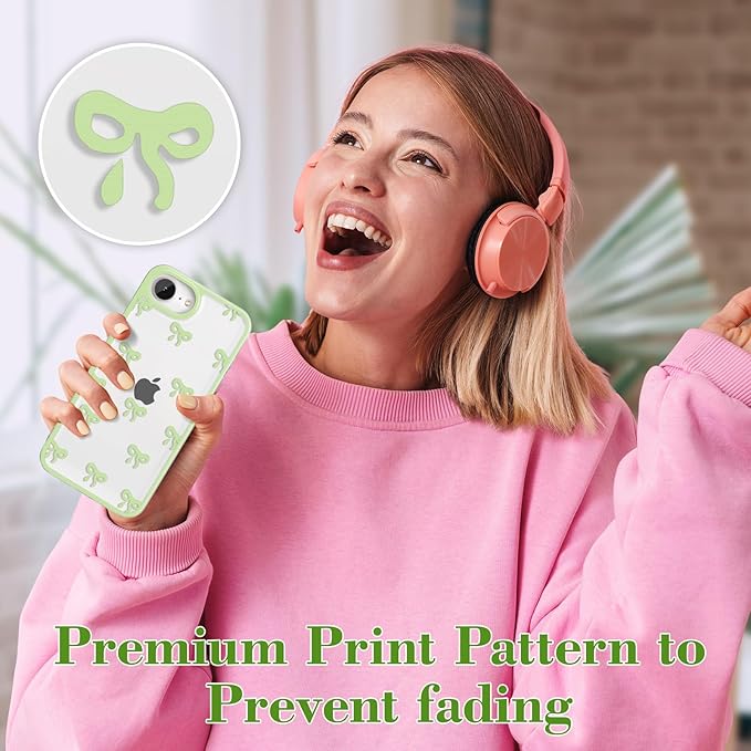 EYZUTAK Case for iPhone 16e, Clear Cute Ribbon Bowknot Pattern Aesthetic Transparent Phone Case Raised Camera Protection Stylish Slim Soft Durable TPU Protective Cover for Women Girls - Green