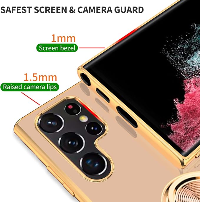 Tnarru Compatible for Samsung Galaxy S22 Ultra Case with Ring Holder Kickstand [with Magnetic] Soft TPU Shockproof Electroplated Protective Phone Case for Galaxy S22 Ultra 5G Pink