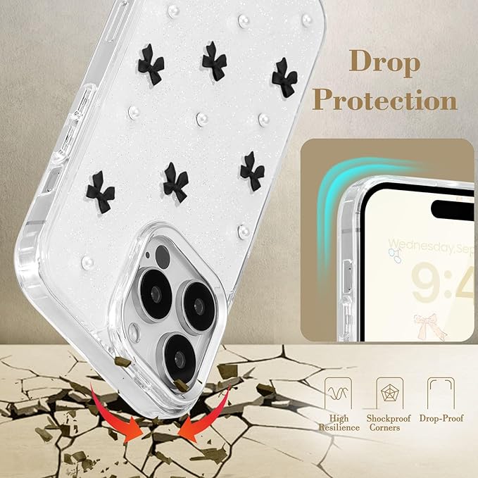 EYZUTAK Case for iPhone 13 Pro, Bling Glitter 3D Bowknot Phone Case Cute Sparkly Crystal Clear Bow Aesthetic Design Case Slim Soft Durable TPU Transparent Protective Cover for Women Girl - Black Bow