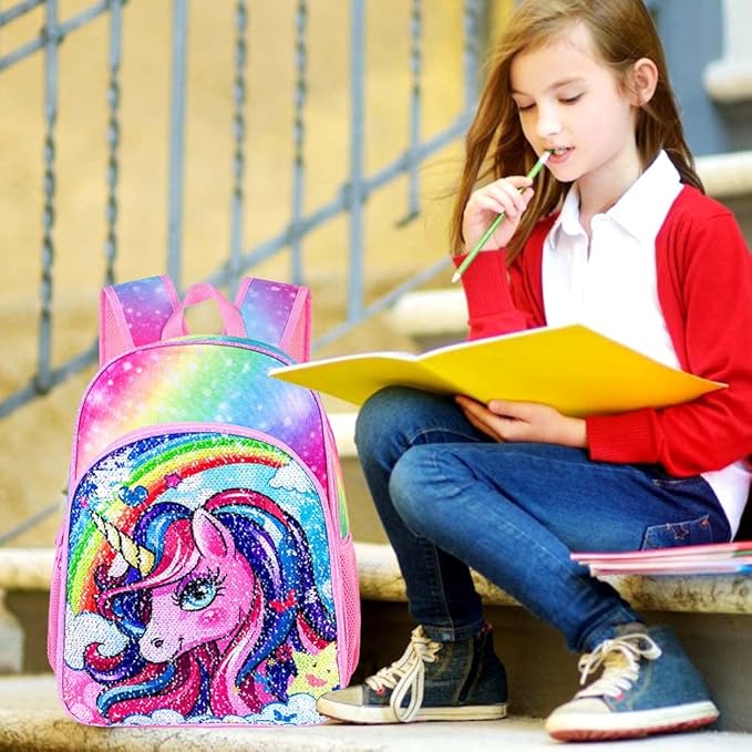 3PCS Unicorn Backpack, 16" Girls Rainbow Sequins Kids Bookbag with Lunch Box, School Bags for Elementary Preschool Kindergarten - Pink