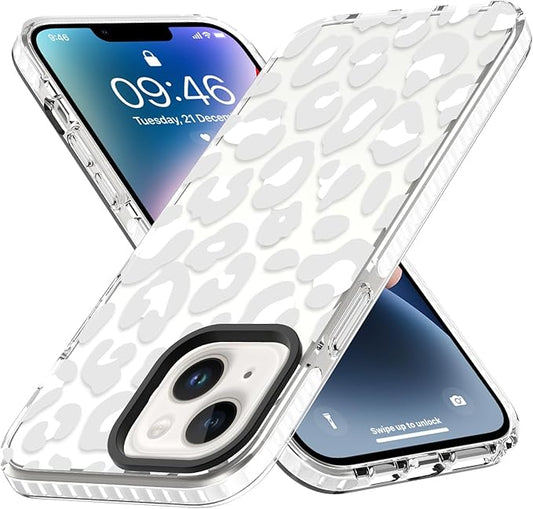 ZIYE Clear Case for iPhone 14 Plus Phone Case White Leopard Design Shockproof Soft TPU Bumper Protective for Women Girls Girly Cute Cover