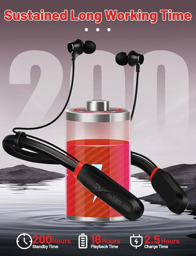 Neckband Bluetooth Headphones, 200H Long Playtime Wireless Stereo Neckband Earbuds with Microphone, Waterproof Around The Neck Headphones in Ear Headset for Sports/Workout/Office (Black)
